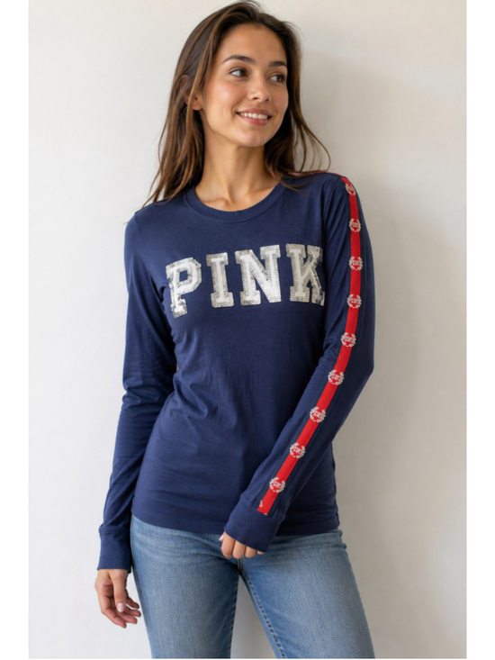 Victoria's Secret PINK Tops - Women's Victoria's Secret PINK Long Sleeve Tee, XS, Navy Blue & Red